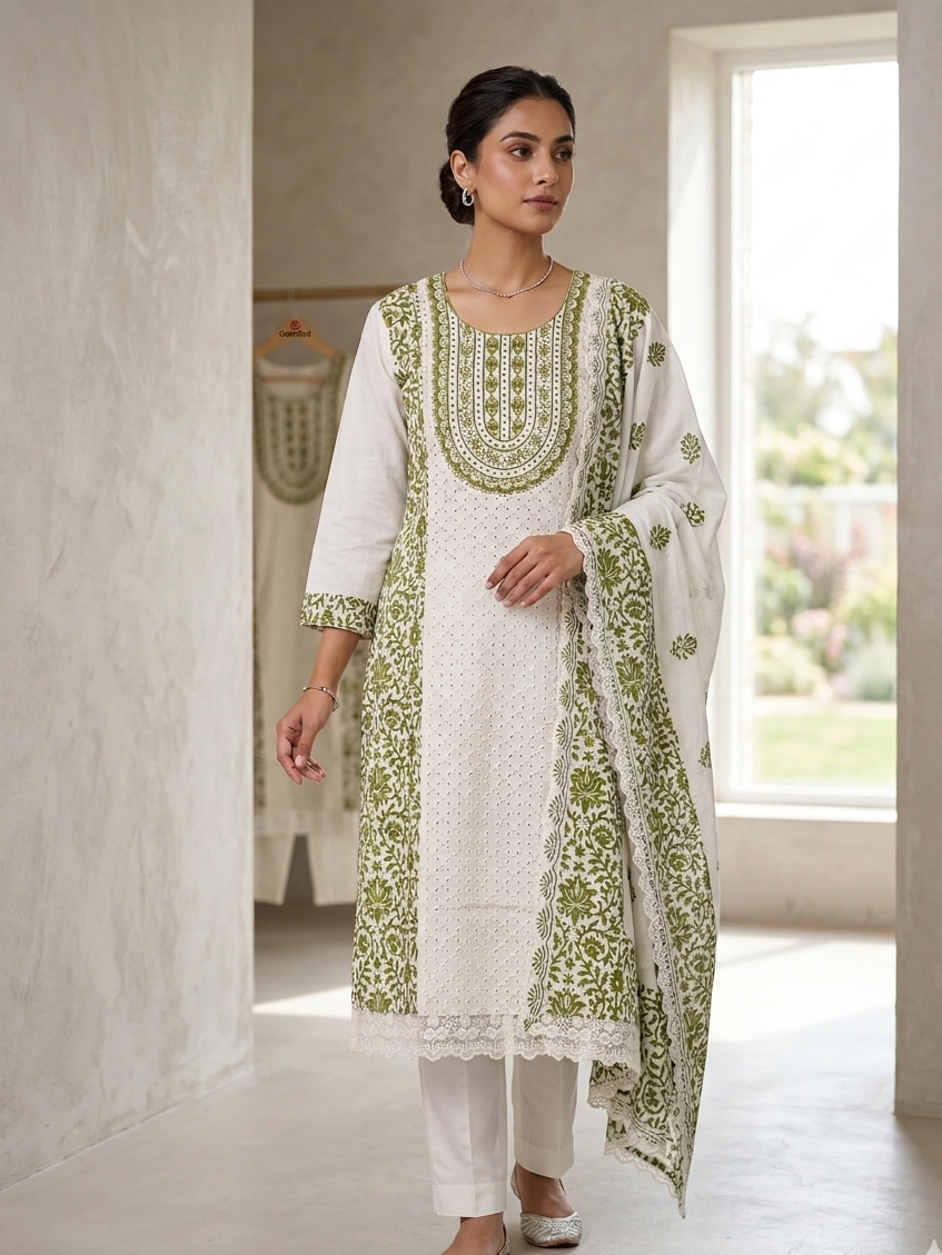 Ivory with green imprints chikankari set