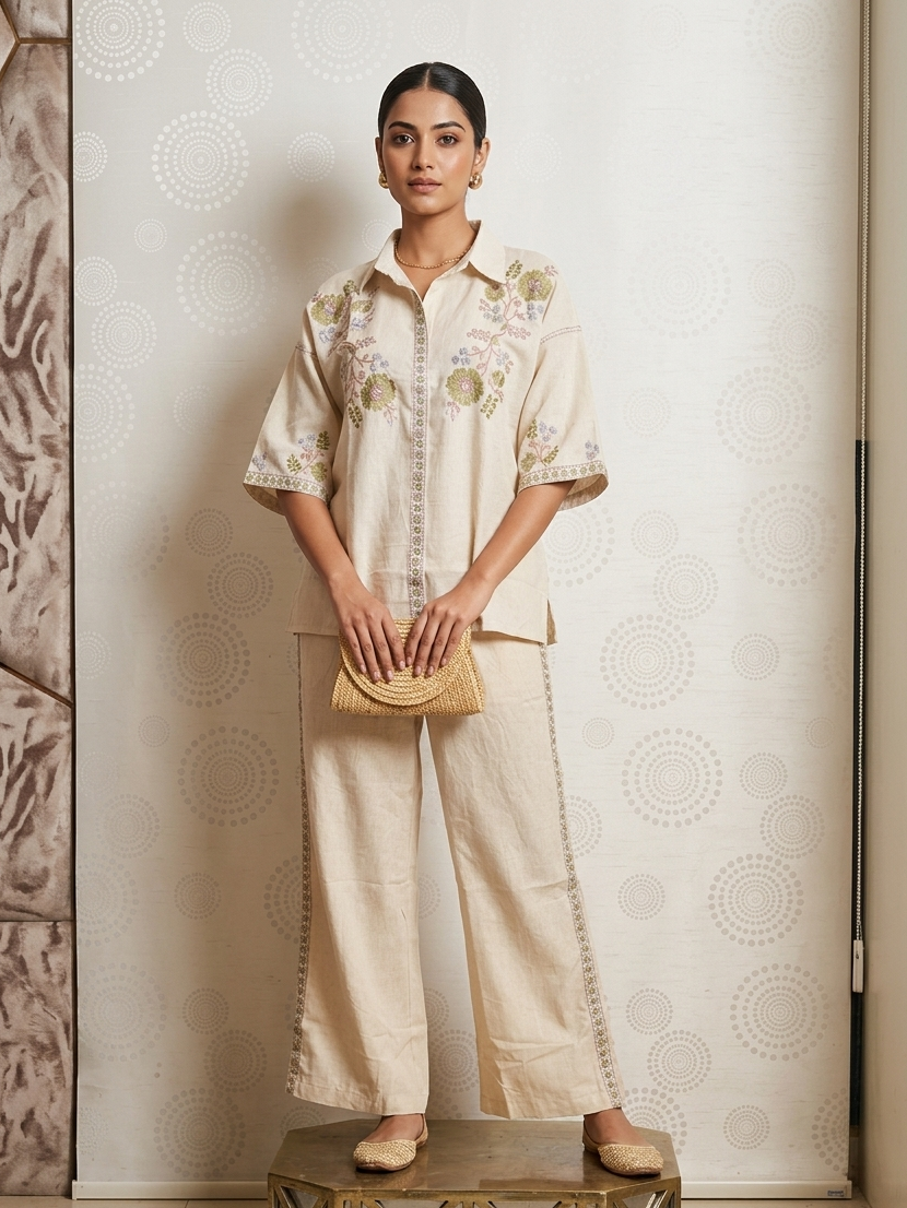 Floral Embroidered Linen Co-ord Set in Ivory