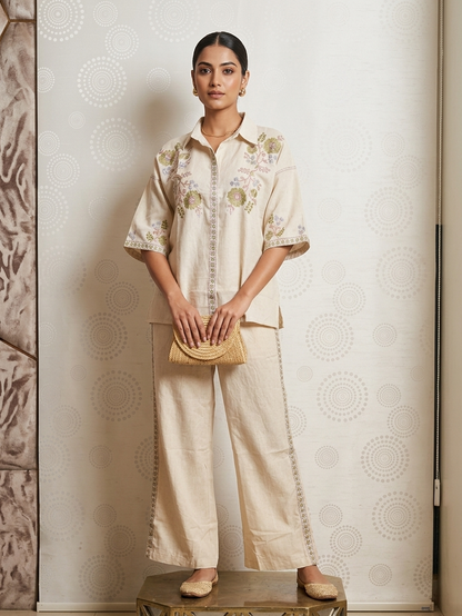 Floral Embroidered Linen Co-ord Set in Ivory