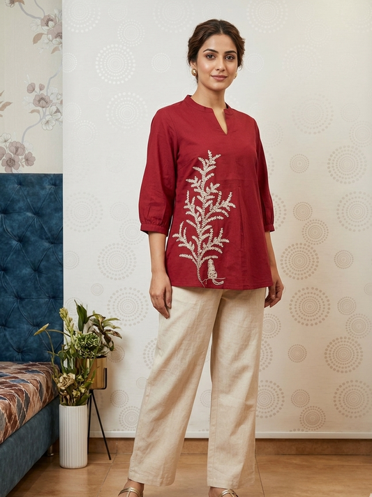 Crimson Mandarin Tunic with Embroidery