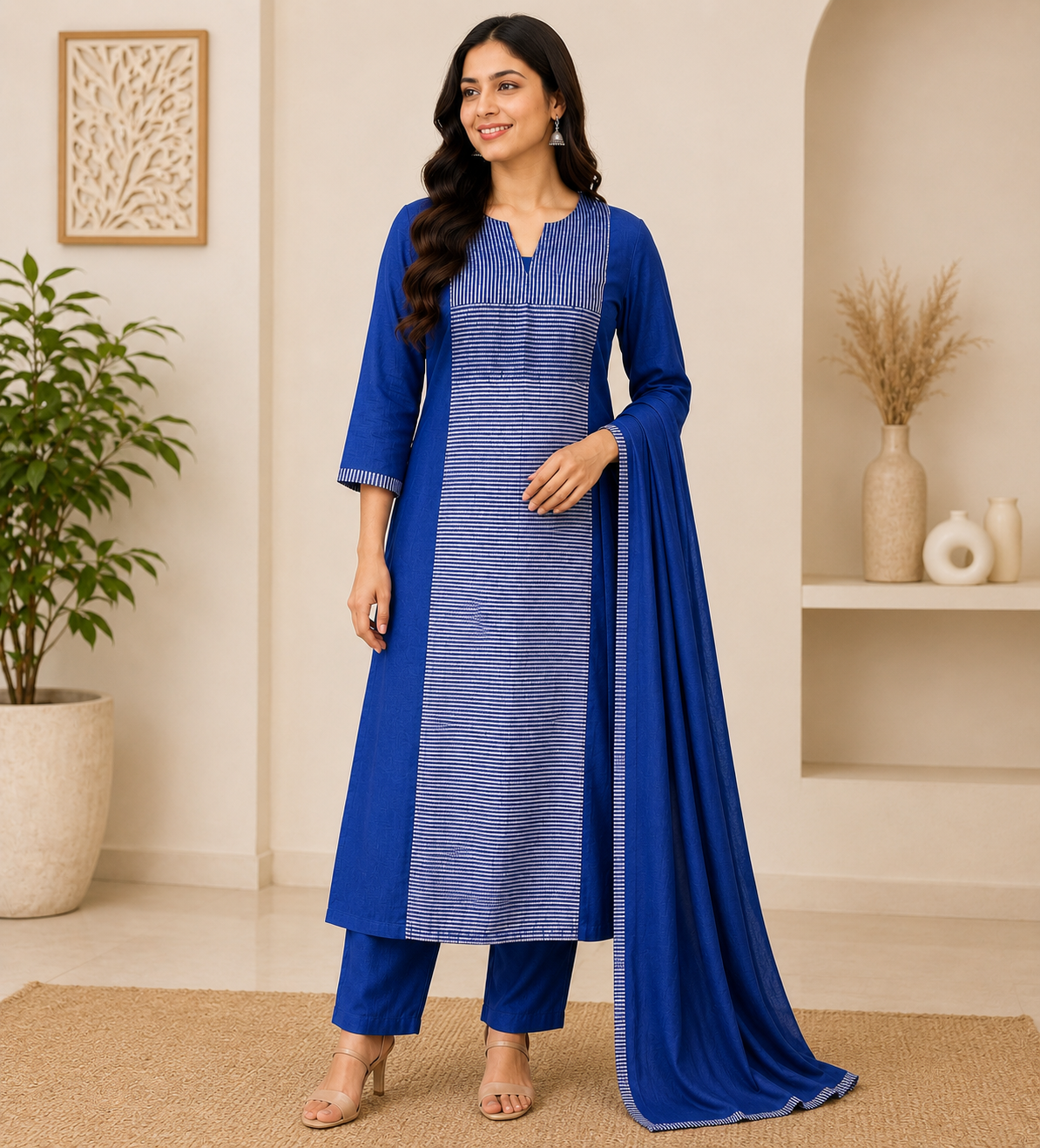 Royal Blue Mul Chanderi Pinstripe Kurti Set