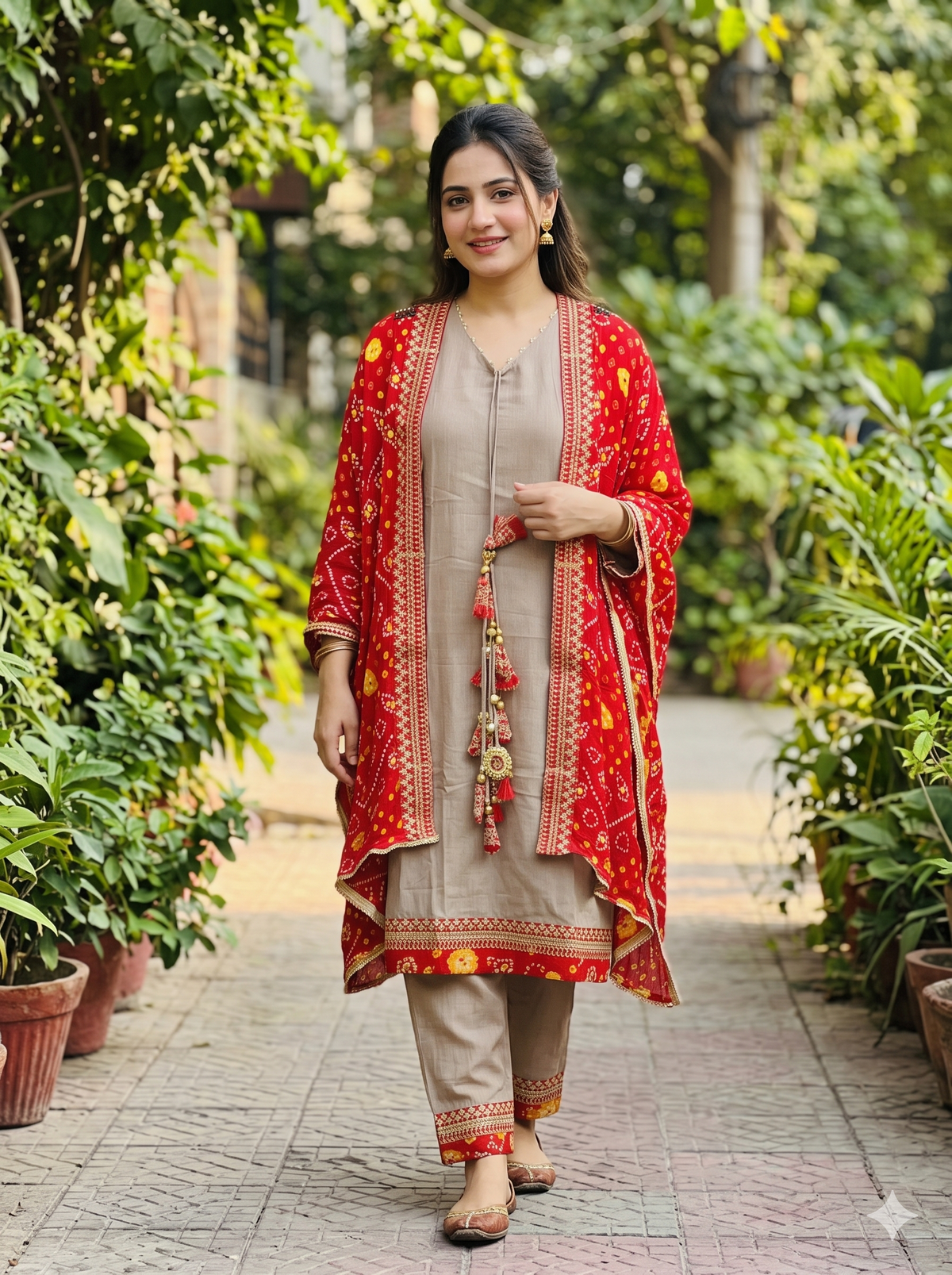 Earthy Beige Flared Kurta Set with Red Bandhej Dupatta & Tasseled Dori