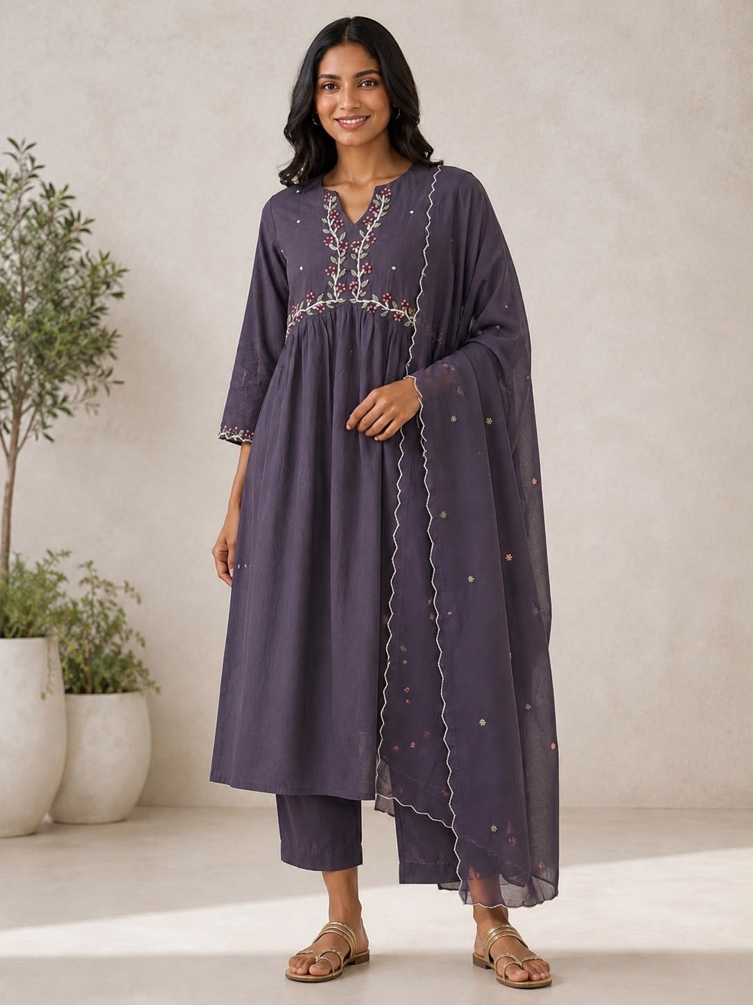 Smoky Plum Gathered Empire-Line Kurta Set with Scalloped Dupatta