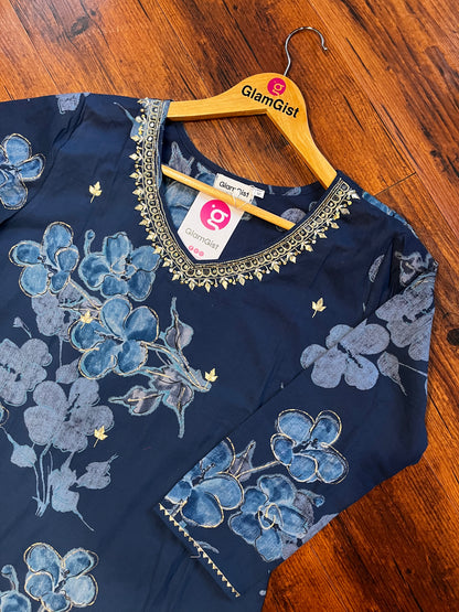 Navy blue floral cotton dress