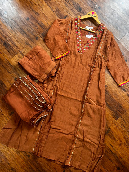 Brown mul chanderi designer kurti set