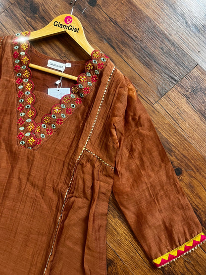 Brown mul chanderi designer kurti set