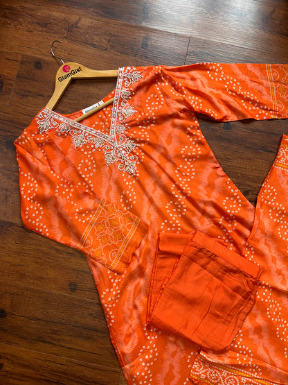 Orange Soft Butter Muslin Silk Handwork Dupatta Dress