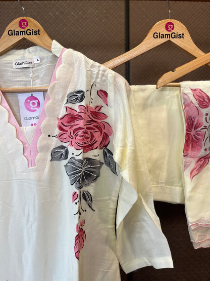 Off white russian silk floral kurti set