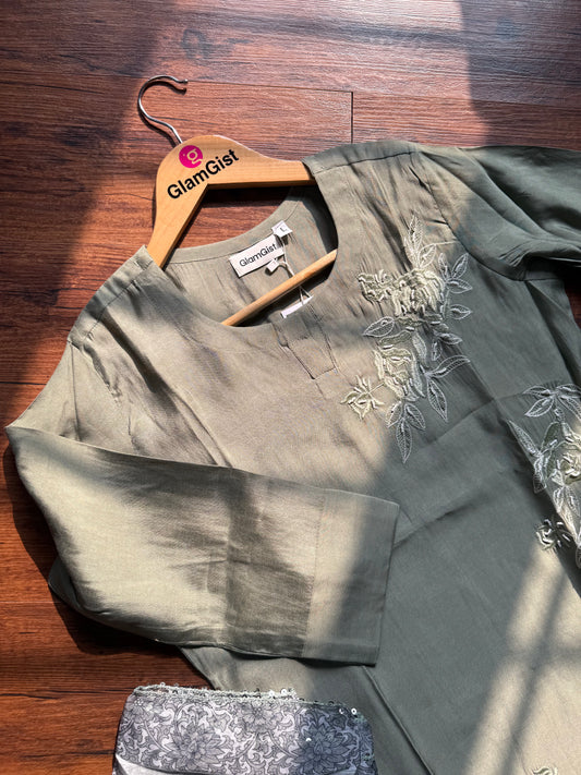 Olive green roman silk kurti set
