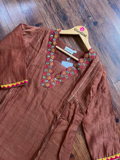 Brown mul chanderi designer kurti set