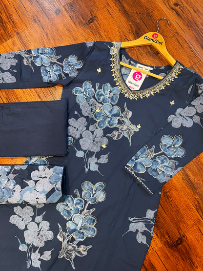 Navy blue floral cotton dress