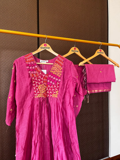 Magenta mul chanderi floral dress