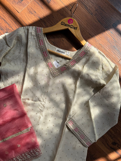 Cream tissue silk with pink dupatta