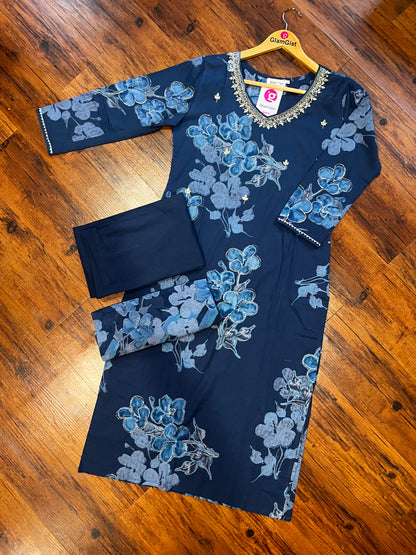 Navy blue floral cotton dress