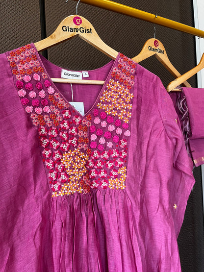 Magenta mul chanderi floral dress