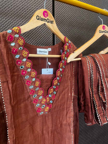 Brown mul chanderi designer kurti set